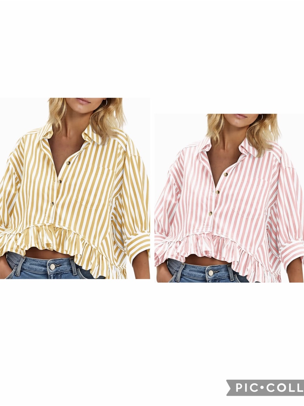 2pack Striped Ruffle Hem Button-Down Crop Top in Yellow or Pink